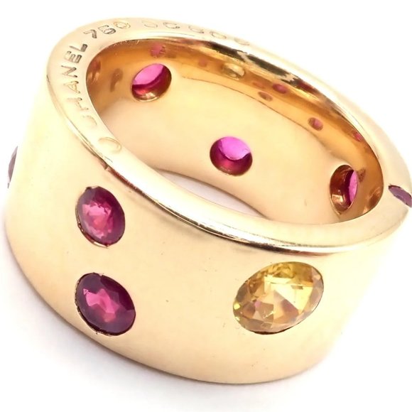 Authentic! Chanel 18k Yellow Gold Ruby Yellow Sapphire Wide Band Ring Size 5 - Picture 1 of 9